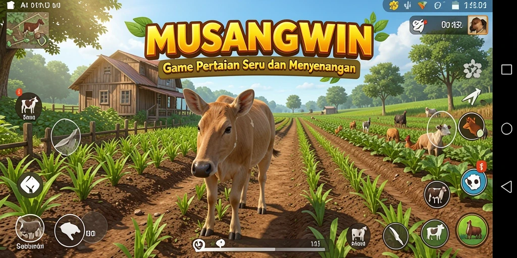 Tampilan gameplay menarik dalam MUSANGWIN dengan ladang hijau subur.